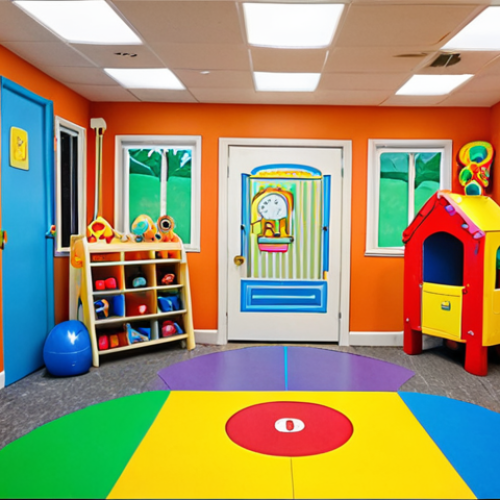 Home 11 **
A brightly colored and inviting children's playroom entrance. Showcase a location near residential buildings with visible parking. Include signage for the play area and happy children entering. The overall style should suggest fun, safety, and convenience for parents.
**