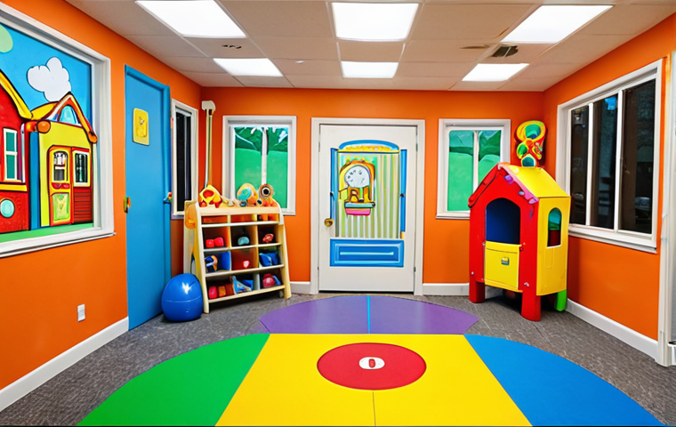 **
A brightly colored and inviting children's playroom entrance. Showcase a location near residential buildings with visible parking. Include signage for the play area and happy children entering. The overall style should suggest fun, safety, and convenience for parents.
**