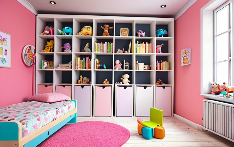 ** A child's room filled with bright, pastel colors, featuring shelves stocked with books and toys, creating a comfortable and stimulating creative space.
**
